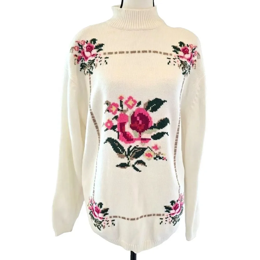 Vintage 90s Morsly Knit Sweater Cross Stitch Rose Print Cottagecore Size Medium